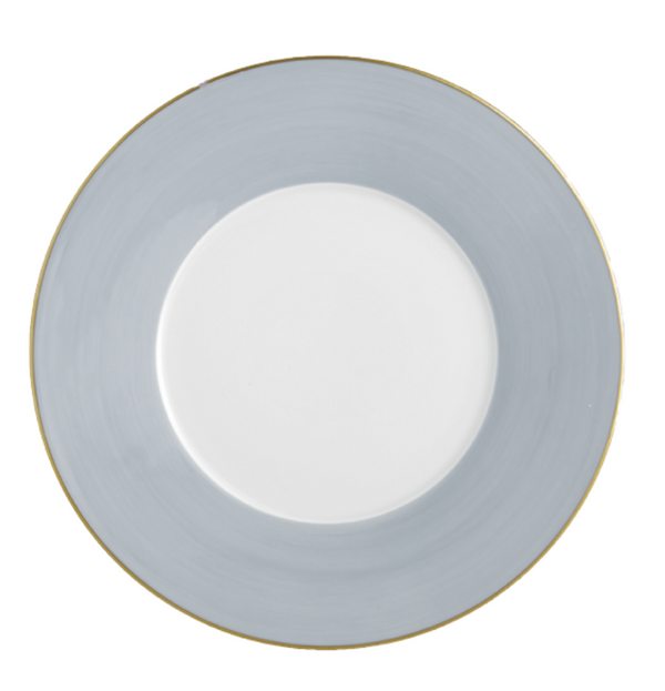The Lexington Dinnerware - Lavender by Mottahedeh/Robert Haviland is a round ceramic plate with a wide lavender rim, narrow gold edge, and plain white center, shown from above on a white background.