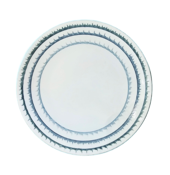 A stack of three Marie Daâge Sisal 1 Platinum Rim Dinnerware plates by Marie Daâge, featuring white ceramic with platinum-accented rims and intricate geometric patterns inspired by luxury French design, viewed from above on a white background.
