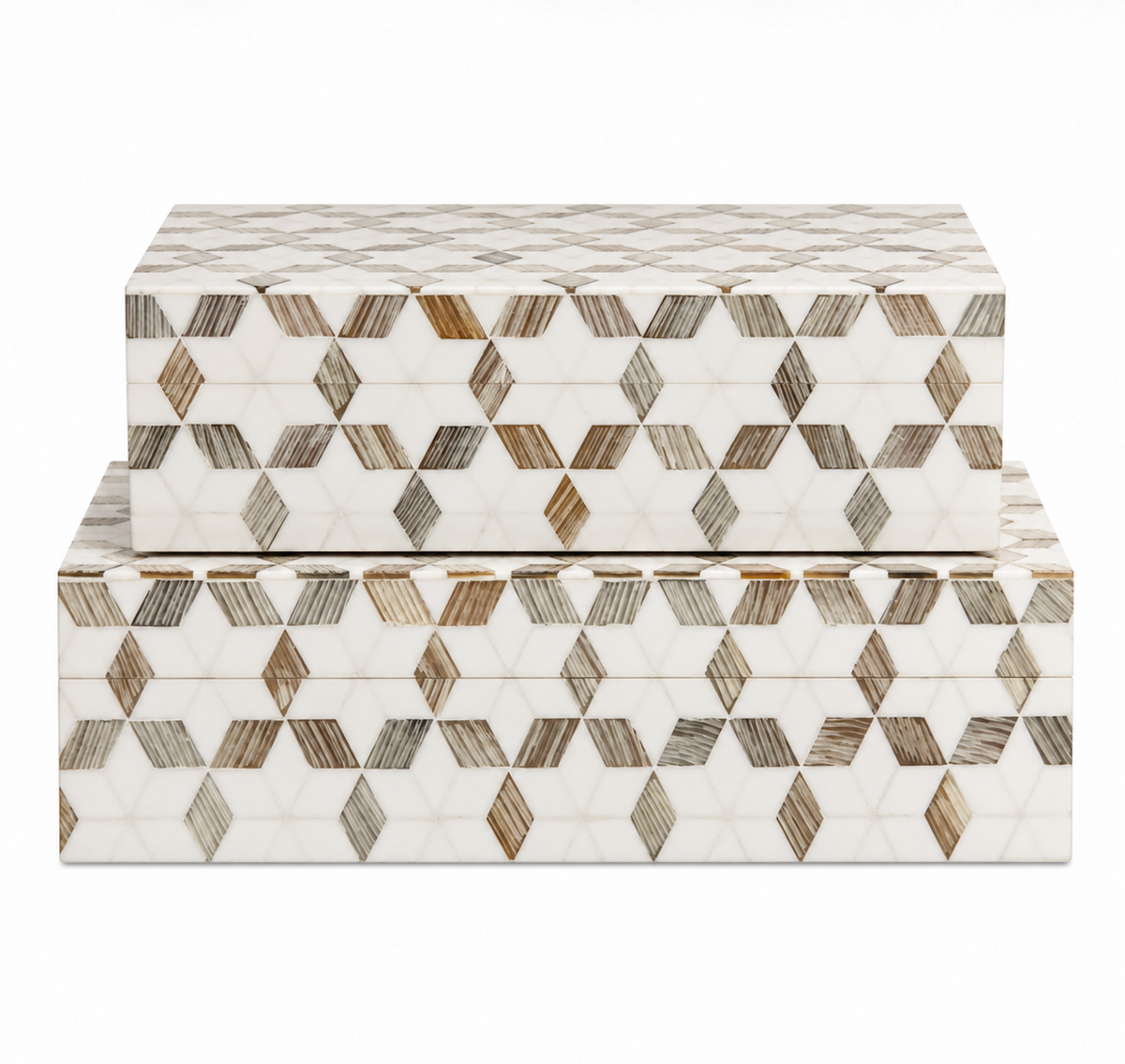 Two rectangular boxes from Bojay, named the Starlink Etched Box, feature a repeating geometric pattern of hexagons and cubes in shades of white, beige, and brown. Crafted with exquisite bone inlay, each box is ideal for use as a jewelry box or decorative accent. The smaller box is displayed on top of the larger one.