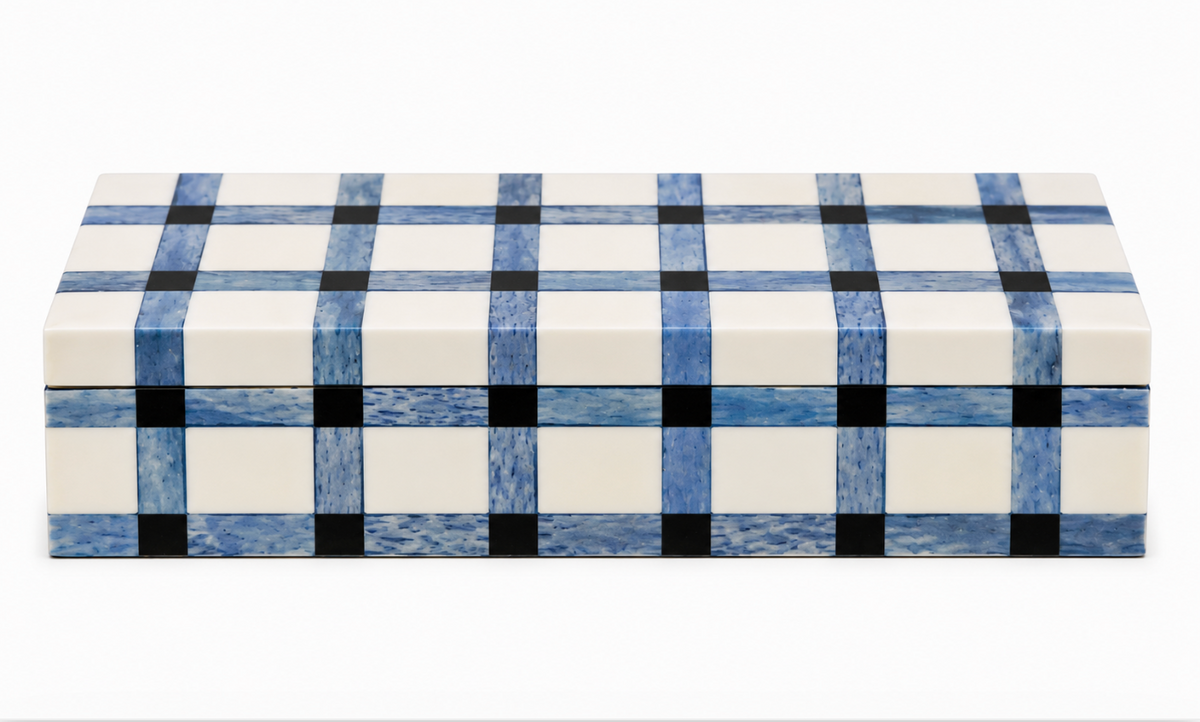 The Plaid Bone Box - Blue by A Sanoma Inc is a rectangular decorative accent featuring a blue and white plaid pattern with alternating light and dark blue stripes on a white background. The closed box is centered on a white surface.