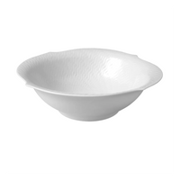 A white porcelain bowl with an organically shaped, wavy textured rim from the Meissen Waves Relief Dinnerware collection, photographed against a light gray background for a modern and elegant tableware presentation.