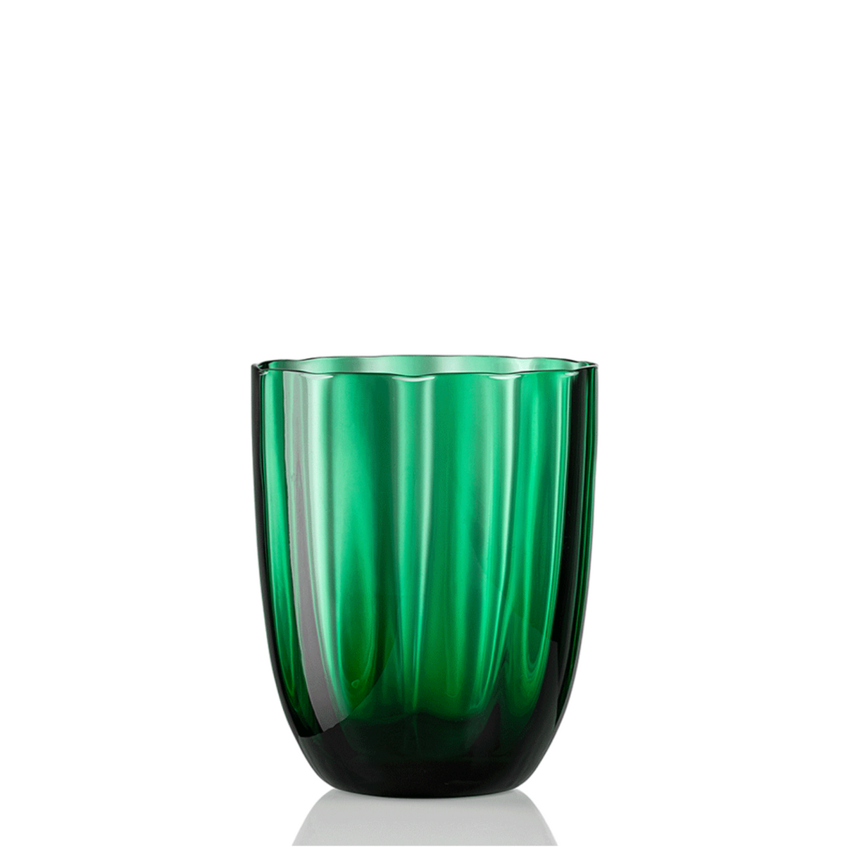 An Idra Tumbler Optic by Nason Moretti—a tall, translucent green glass with vertical ridges—stands against a white background.