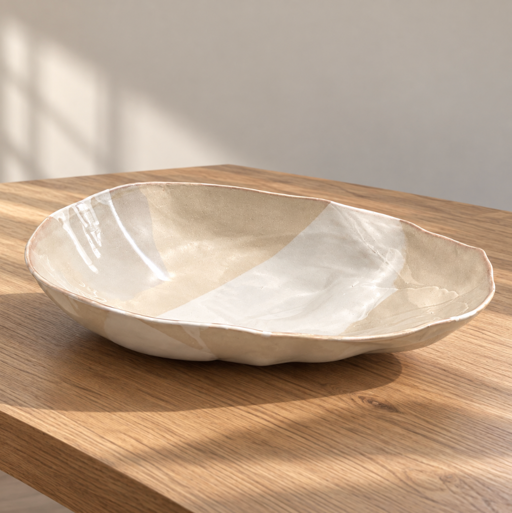 The Ripple Oval Large Bowl by Alex Marshall Studios, a shallow, irregularly-shaped ceramic piece with a glossy beige and white finish, sits on a wooden table in natural sunlight—perfect for serving salad. This oversized bowl highlights the unique appeal of handmade ceramics.