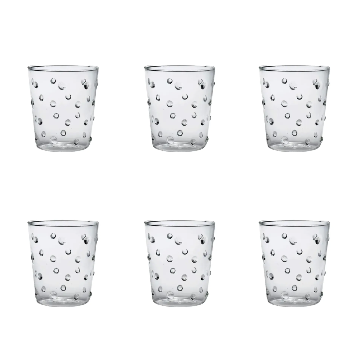 Six Party Dots Large Tumblers by Zafferano, each 15.2oz and crafted from clear borosilicate glass, are arranged in two rows of three against a plain white background. Each tumbler features a classic textured pattern with raised, round dots on the surface.