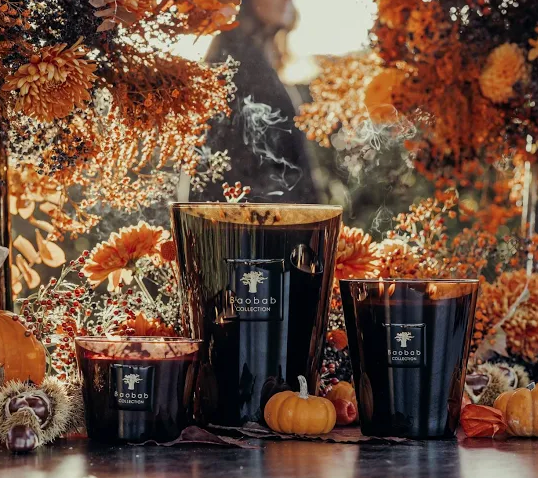 Three black Les Prestigieuses Encre De Chine candles by Baobab, with delicate smoke curling upwards, rest among autumnal flowers, foliage, and a petite pumpkin—evoking the artistic detail of Chinese ink paintings. In the softly blurred background, a person stands bathed in warm natural light that heightens the scene’s refined ambiance.