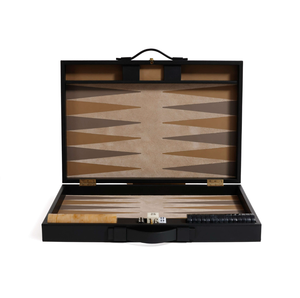 The Gene Leather Backgammon - Midnight Black by Zodax is a luxury open set featuring a sleek board, dice, doubling cube, and pieces—all beautifully arranged inside.