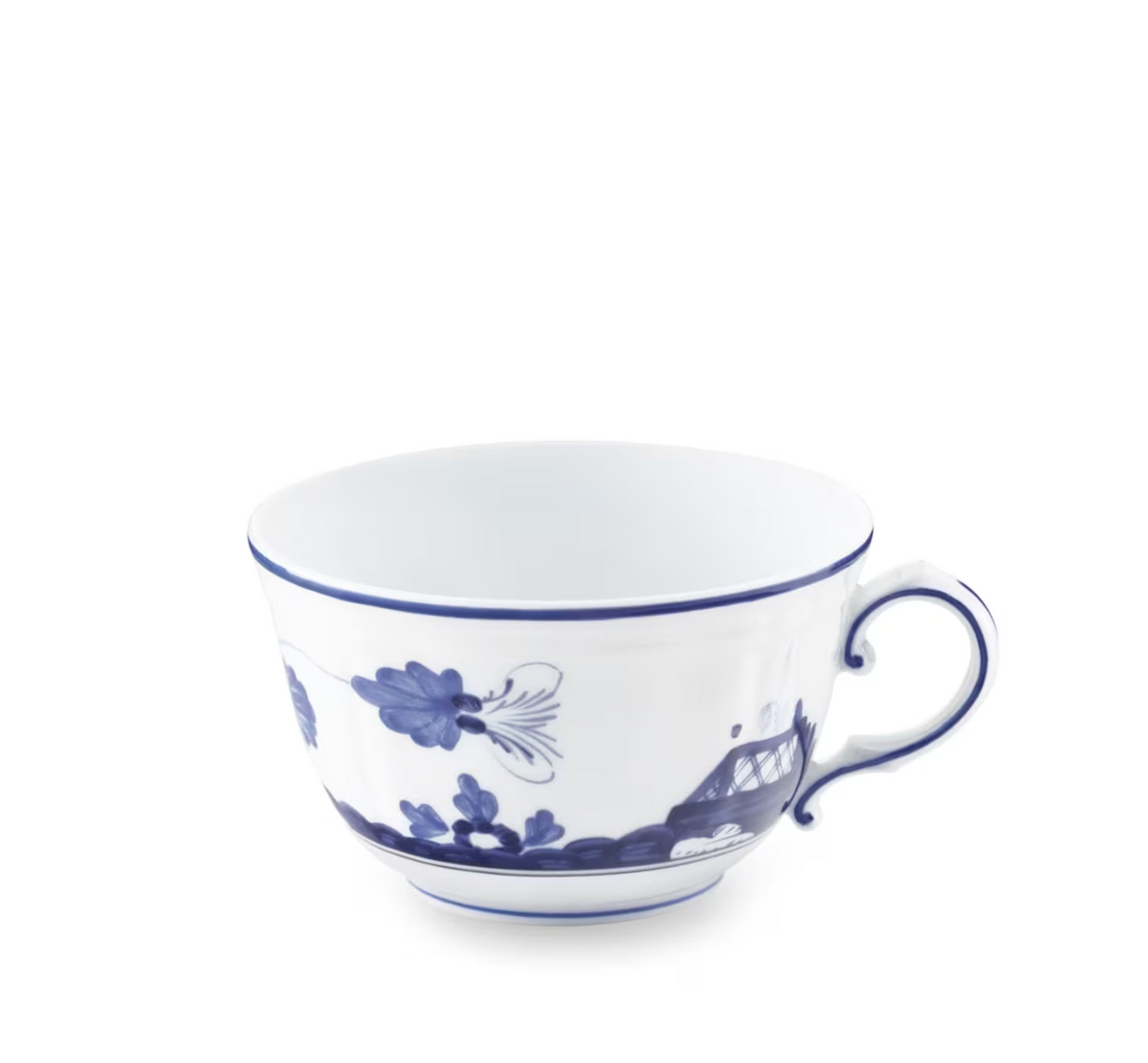Ginori 1735 Oriente Italiano Indaco white porcelain teacup in the Antico Doccia style, featuring a blue rim and delicate floral and landscape patterns.