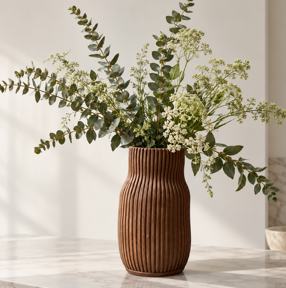 A CYM Warkov Ceramics Stoneware Bottle Vase - Dark Brown filled with eucalyptus branches and white flowers.