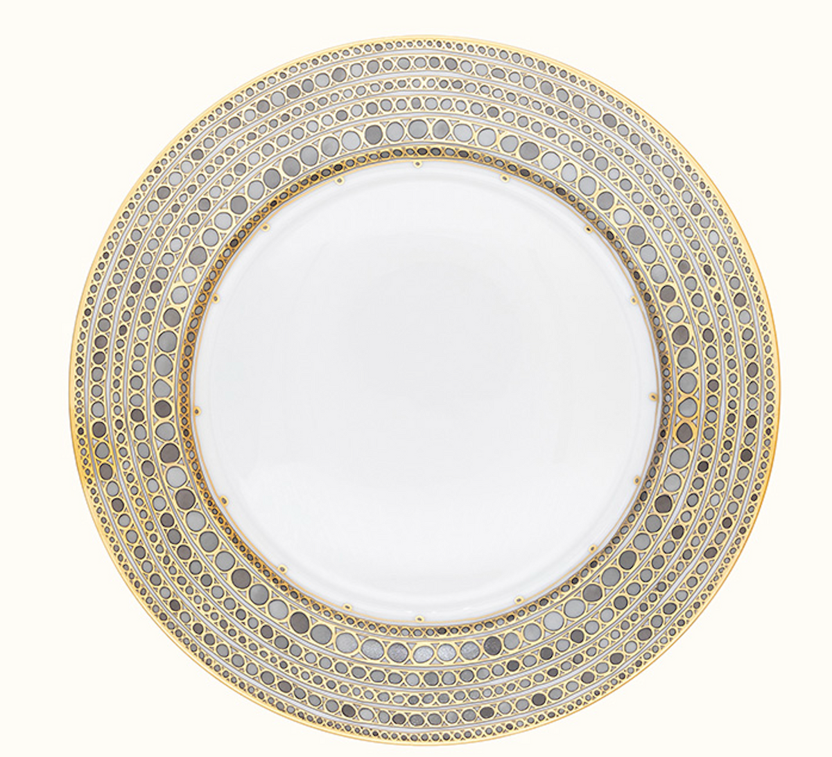 Haviland & Parlon Syracuse Dinnerware- Taupe dinner plate with a wide rim featuring a repeating pattern of gray and taupe circles outlined in gold.