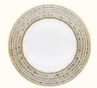 Haviland & Parlon Syracuse Dinnerware- Taupe dinner plate with a wide rim featuring a repeating pattern of gray and taupe circles outlined in gold.