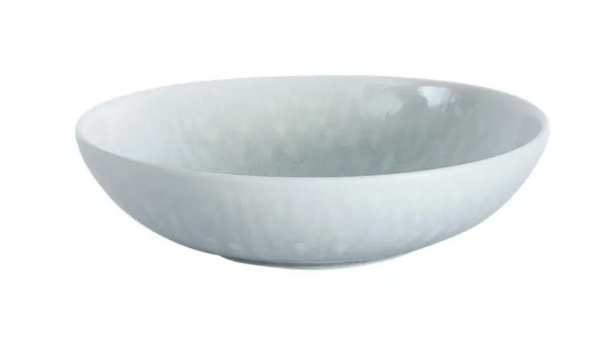 Wide, shallow Tourron Dinnerware - Opale stoneware bowl in a mottled, pale grey-blue glaze.