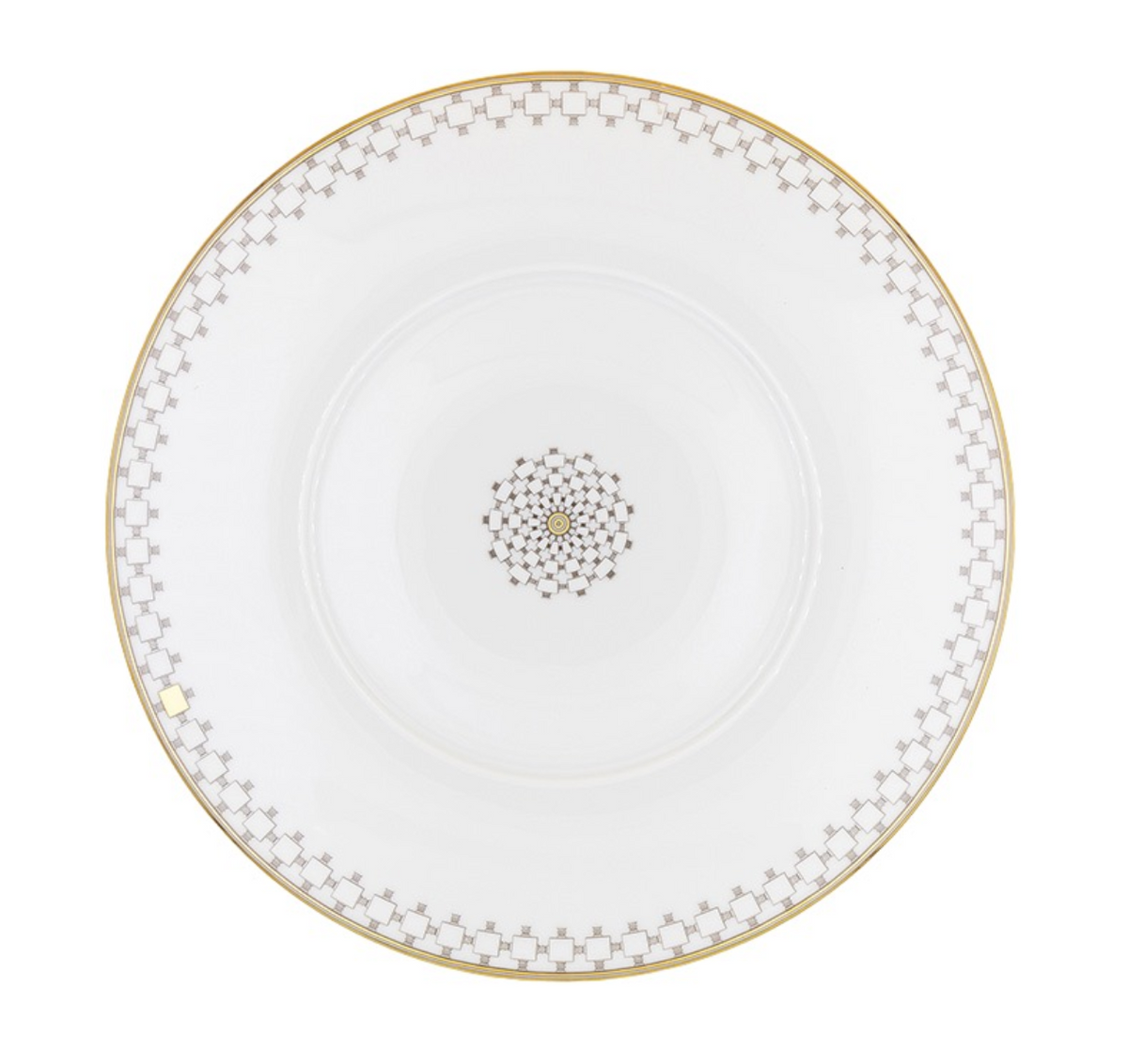 Home Dinnerware- Gold white dinner plate featuring a thin gold rim, a geometric gray square pattern around the border, and a circular geometric motif in the center.