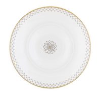 Home Dinnerware- Gold white dinner plate featuring a thin gold rim, a geometric gray square pattern around the border, and a circular geometric motif in the center.