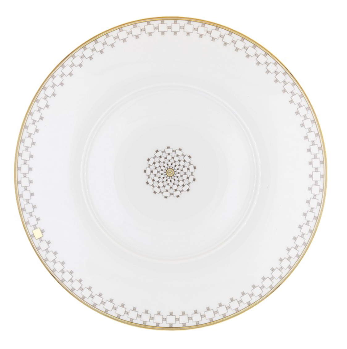 Home Dinnerware- Gold porcelain dinner plate with a gold rim and a geometric gray pattern around the edge and in the center.
