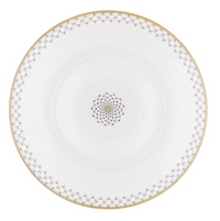 Home Dinnerware- Gold porcelain dinner plate with a gold rim and a geometric gray pattern around the edge and in the center.