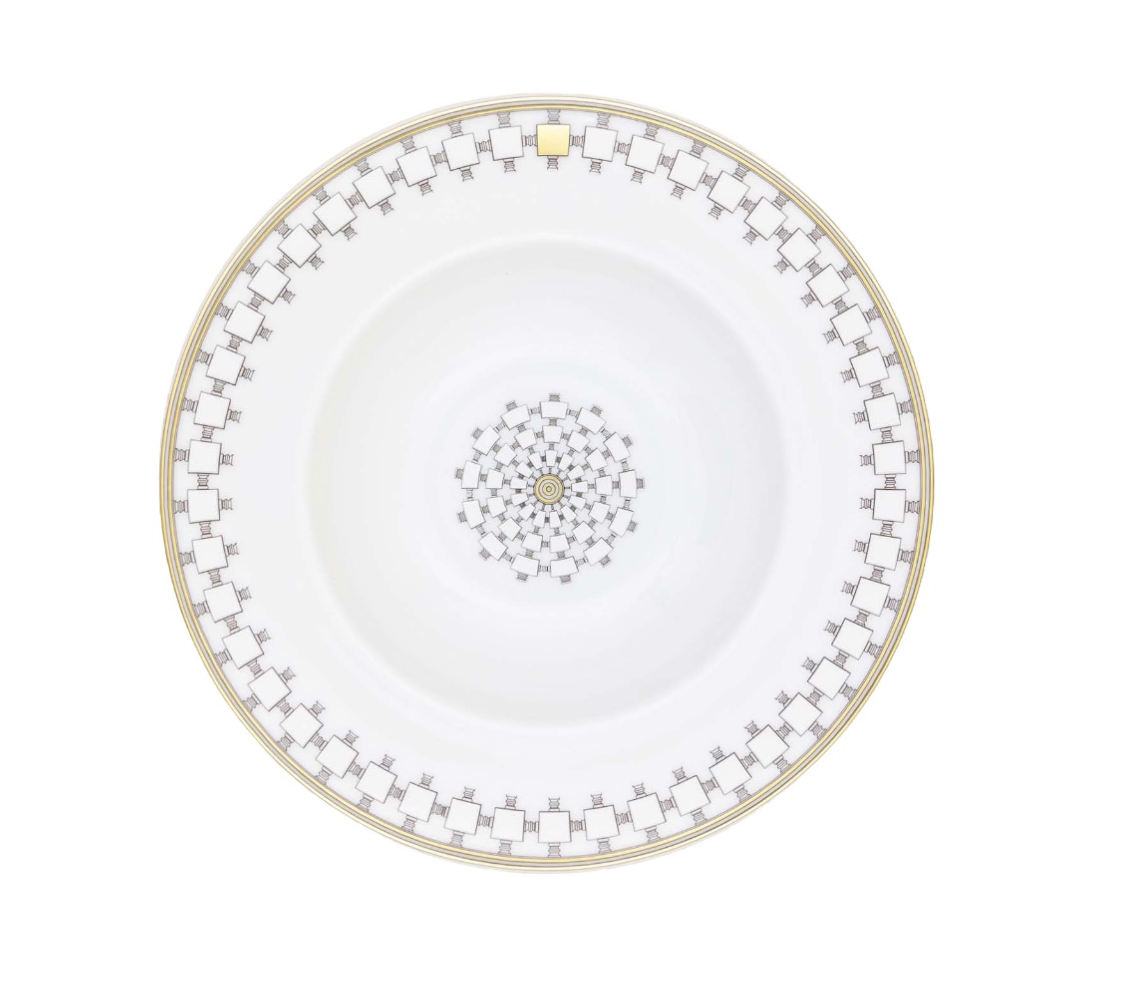 Home Dinnerware- Gold ceramic dinner plate with a gold rim and a geometric pattern of gray squares around the edge and in the center.