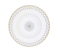 Home Dinnerware- Gold ceramic dinner plate with a gold rim and a geometric pattern of gray squares around the edge and in the center.