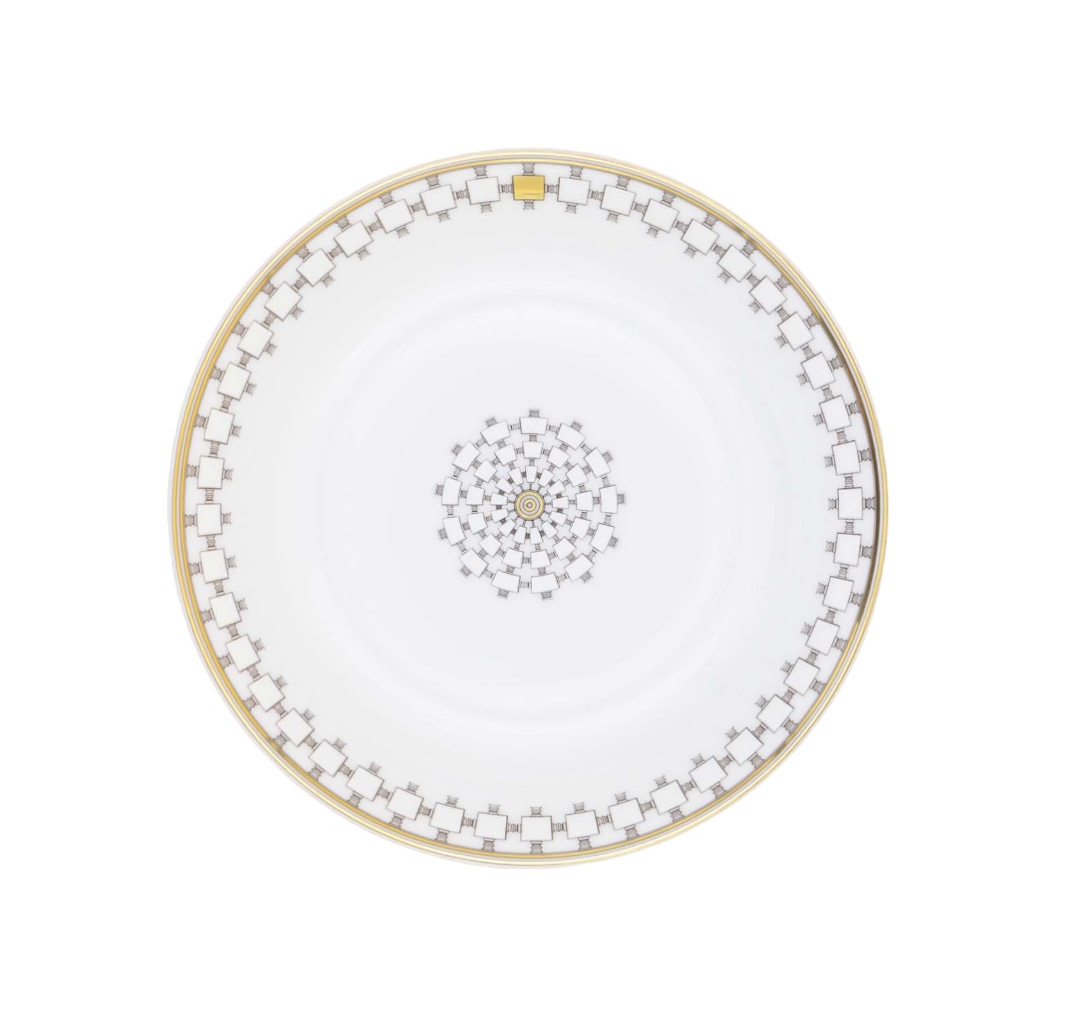Home Dinnerware- Gold ceramic plate featuring a gold rim and a geometric gray and gold pattern with a central circular motif and matching border.