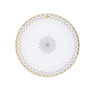 Home Dinnerware- Gold ceramic plate featuring a gold rim and a geometric gray and gold pattern with a central circular motif and matching border.