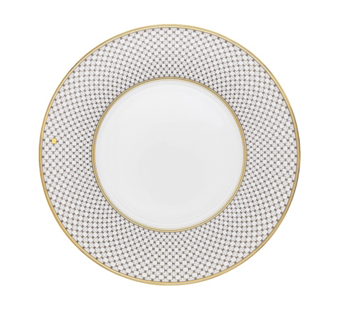 Home Dinnerware- Gold dinner plate featuring a white center, a wide rim with a grey and white geometric grid pattern, and a thin gold edge.
