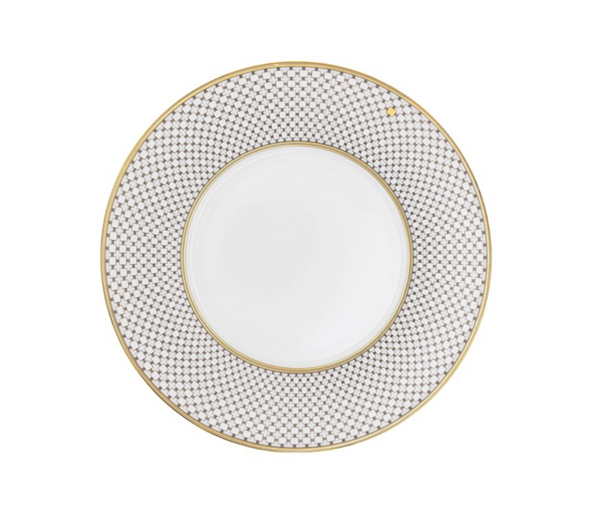 A white porcelain Mottahedeh/Robert Haviland Home Dinnerware- Gold plate with a gold-rimmed edge and a wide border featuring a repeating gray geometric pattern.
