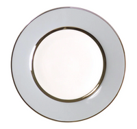 A Recamier MAK Grey & Platinum dinner plate in white Limoges porcelain with a grey rim and a thin, handpainted platinum border.