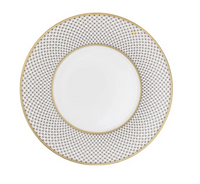 Mottahedeh/Robert Haviland Home Dinnerware- Gold round dinner plate with a white center and a gold rim, featuring a repeating geometric lattice pattern on the border.