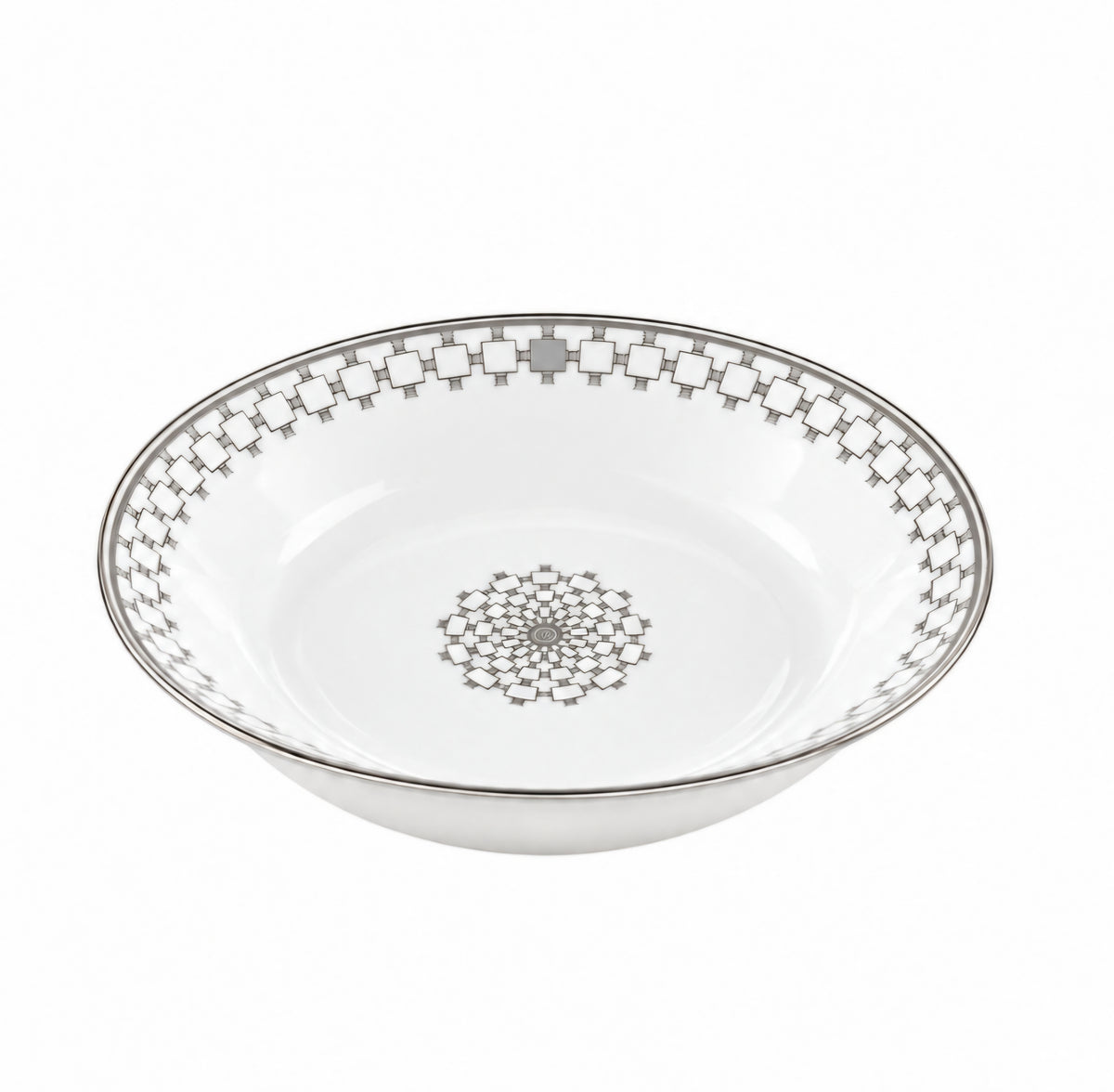 A white shallow Robert Haviland Home Platinum Dinnerware bowl with a platinum rim featuring a geometric square pattern and a matching circular Barocco medallion in the center.