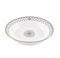 A white shallow Robert Haviland Home Platinum Dinnerware bowl with a platinum rim featuring a geometric square pattern and a matching circular Barocco medallion in the center.