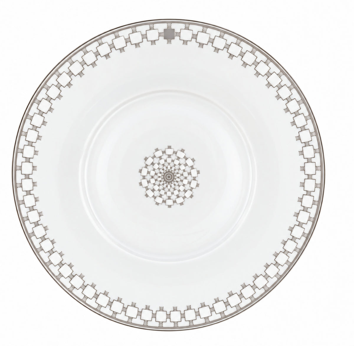 White Home Platinum Dinnerware porcelain plate by Robert Haviland with a geometric metallic Barocco pattern around the rim and a matching circular design in the center.