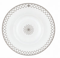 White Home Platinum Dinnerware porcelain plate by Robert Haviland with a geometric metallic Barocco pattern around the rim and a matching circular design in the center.