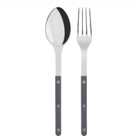 The Bistrot Shiny Solid Serving Set by Sabre features a metal spoon and fork with shiny silver heads and dark gray handles accented by three silver rivets, displayed side by side on a white background for a Parisian touch.