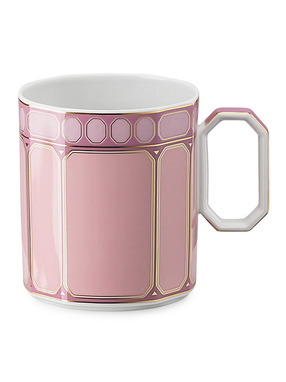 The Swarovski Signum Rose Pink Mug from the Swarovski x Rosenthal collaboration features fine porcelain, gold trim, and a geometric design—elegantly packaged in a luxury gift box.