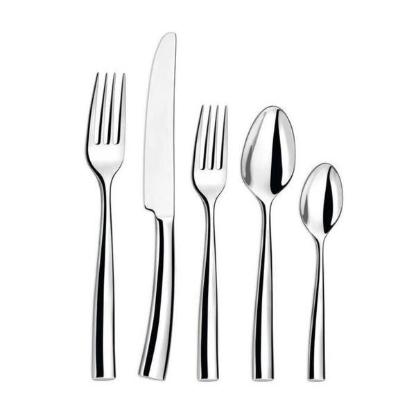 Five pieces of the Silhouette Flatware 5 Piece Setting - Silver Plated by Couzon/DeVine Corp /MAISON3AMIS—dinner fork, knife, soup spoon, teaspoon, and salad fork—are arranged upright on a white background. Made in France.