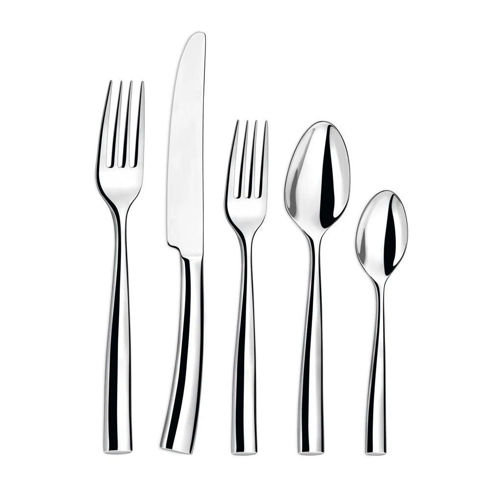 The Couzon/DeVine Corp MAISON3AMIS Silhouette Flatware 5 Piece Setting—crafted from 18/10 stainless steel—includes a dinner fork, knife, salad fork, soup spoon, and teaspoon, shown upright side by side on a white background.