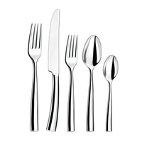 The Couzon/DeVine Corp MAISON3AMIS Silhouette Flatware 5 Piece Setting—crafted from 18/10 stainless steel—includes a dinner fork, knife, salad fork, soup spoon, and teaspoon, shown upright side by side on a white background.