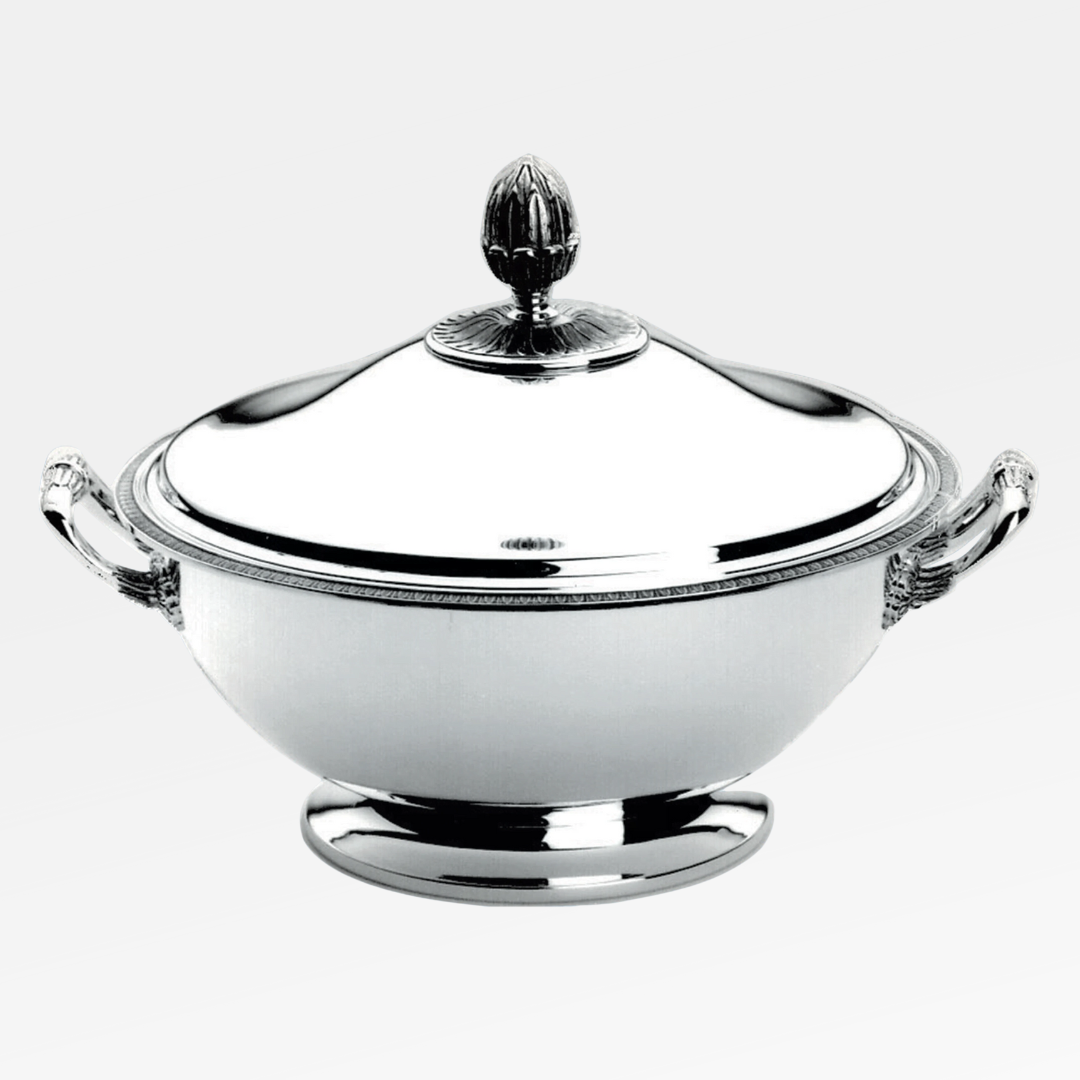 The Christofle Malmaison Silver Plated Soup Tureen features ornate handles and a decorative lid finial, shown polished against a plain white background.