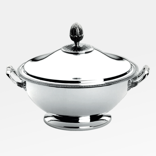 The Christofle Malmaison Silver Plated Soup Tureen features ornate handles and a decorative lid finial, shown polished against a plain white background.