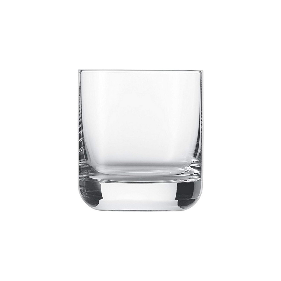 A clear, empty Zwiesel Fortessa Whiskey Glass from the Simple Set of 6, featuring a robust design and thick base, is centered on a plain white background.
