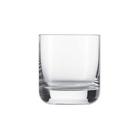 A clear, empty Zwiesel Fortessa Whiskey Glass from the Simple Set of 6, featuring a robust design and thick base, is centered on a plain white background.