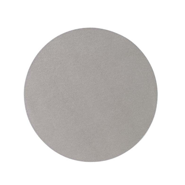The Bodrum Skate Round Placemat Grey Set of 4 features plain, light gray placemats with a subtle texture, resembling smooth coasters, shown against a white background.