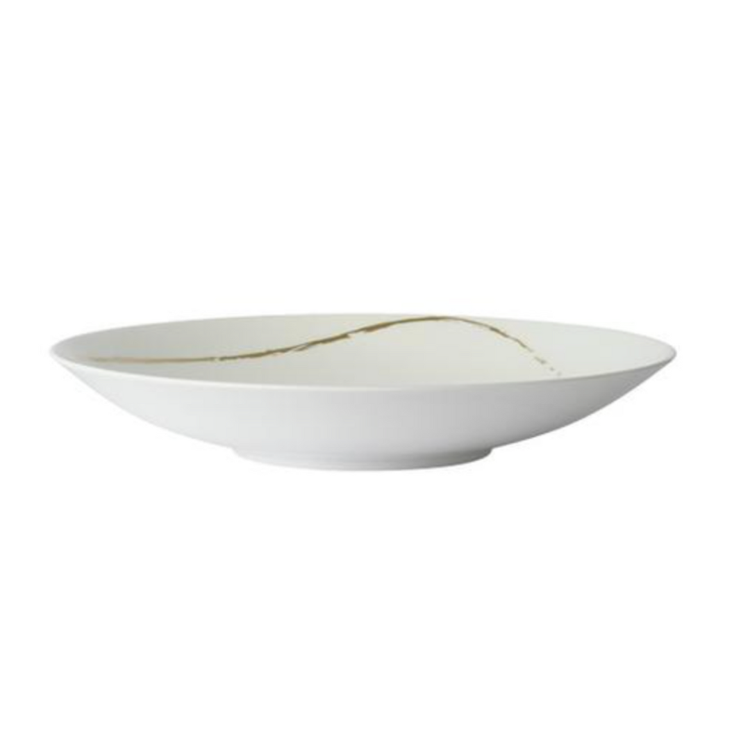 The Sketch Chalk Dinnerware by Royal Crown Derby is a shallow white fine bone china bowl with a delicate, irregular gold line curving across its inner surface.