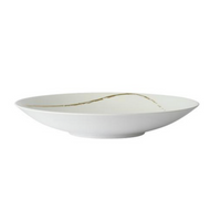 The Sketch Chalk Dinnerware by Royal Crown Derby is a shallow white fine bone china bowl with a delicate, irregular gold line curving across its inner surface.