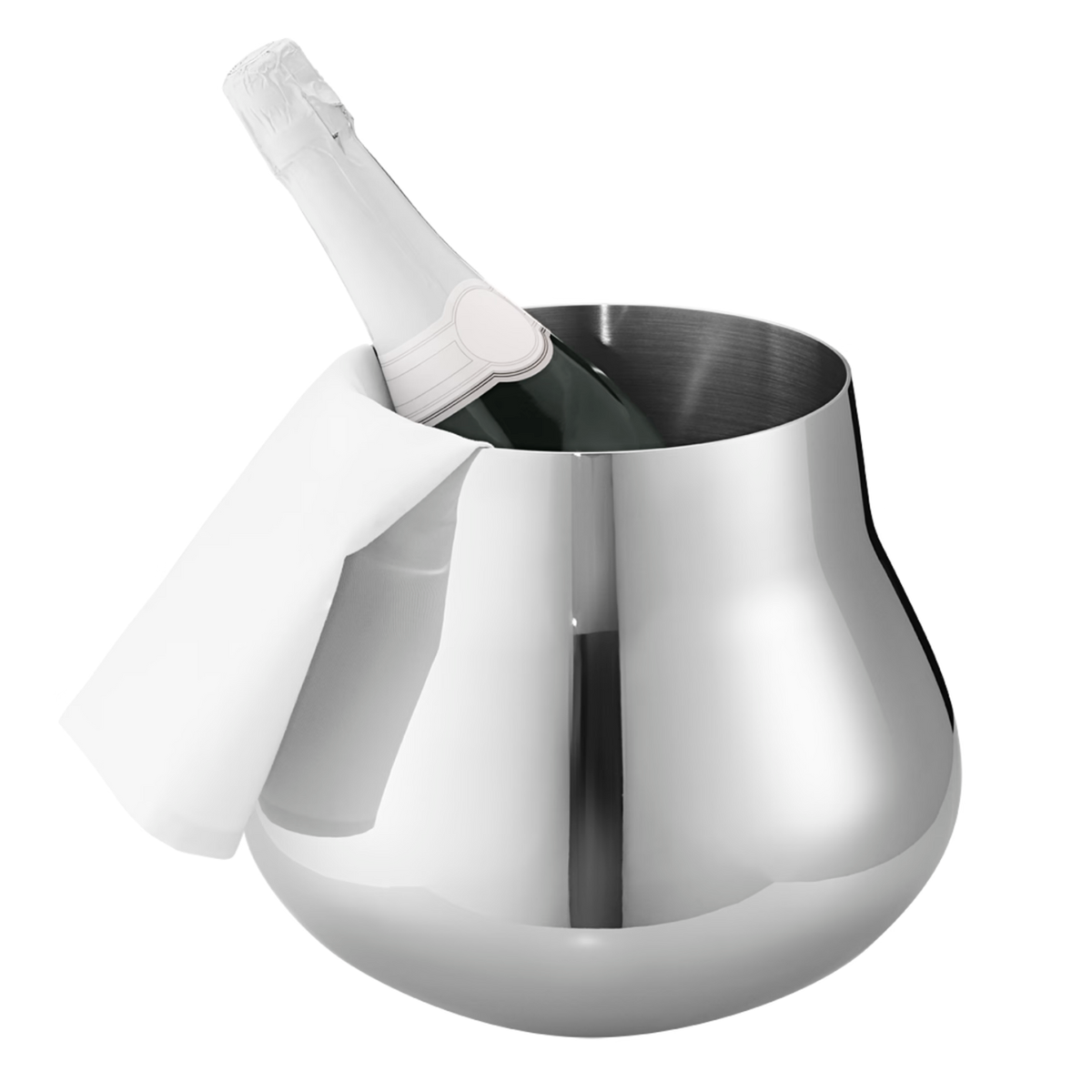 The Georg Jensen Sky Champagne & Wine Cooler, with its shiny stainless steel finish, holds a champagne bottle, elegantly draped with a white cloth over the side.