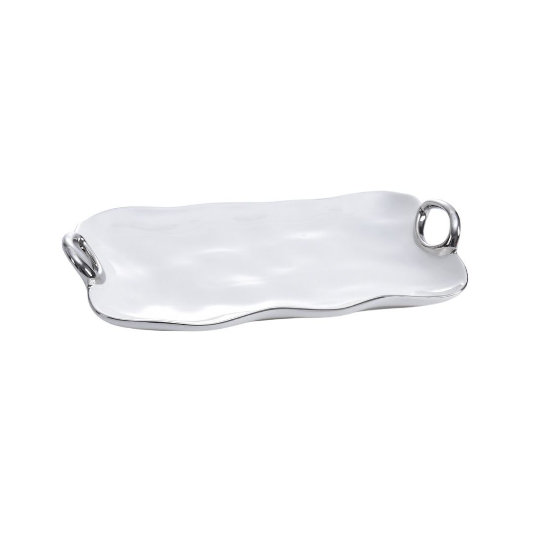 The PAMPA BAY Handle Serving Tray Small features a rectangular shape with wavy edges, two round handles on opposite sides, and a sleek titanium finish, shown against a white background.