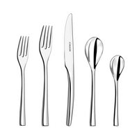 The Couzon/DeVine Corp MAISON3AMIS Steel Flatware 5 Piece Setting features shiny 18/10 stainless steel: salad fork, dinner fork, knife, soup spoon, and teaspoon with simple, elegant handles displayed on a white background.