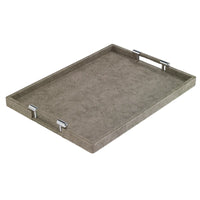 The Bodrum Stingray Handle Tray is a rectangular bar tray with a textured taupe surface and two sleek silver handles on each short side, shown on a white background.