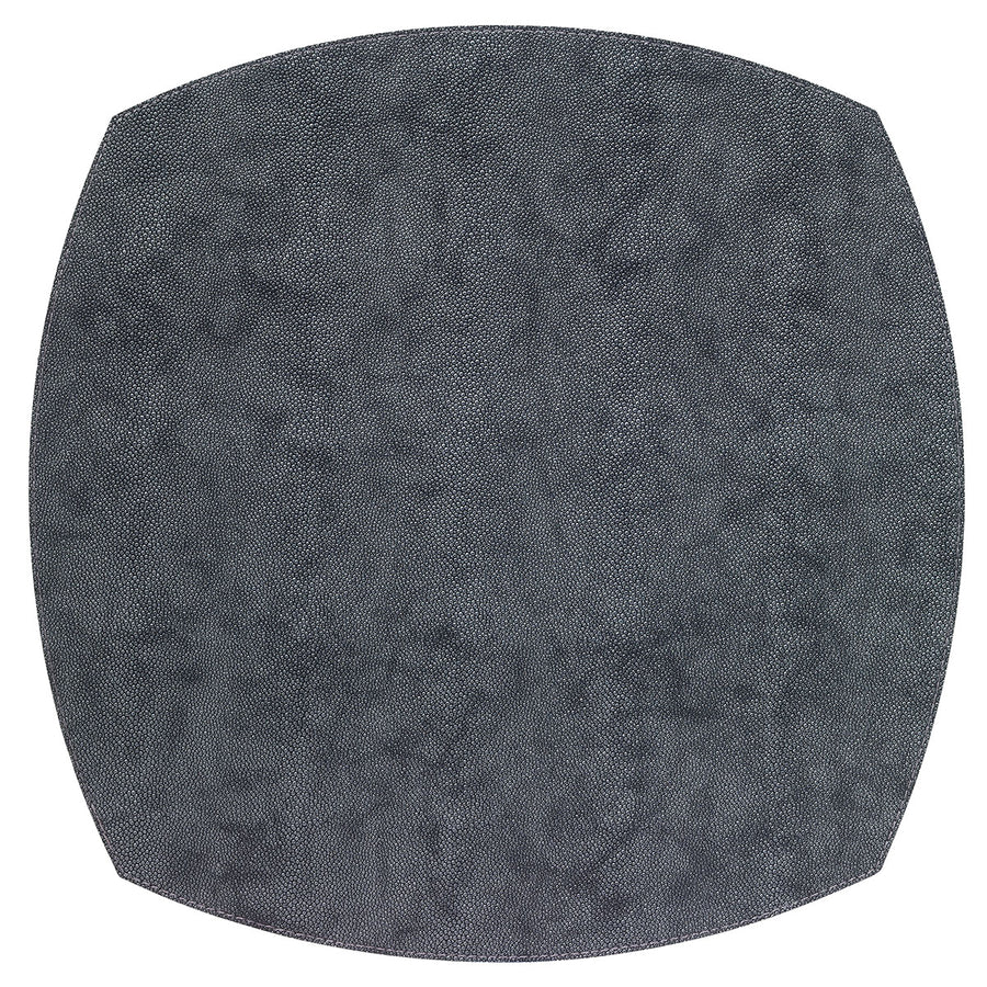 The Bodrum Stingray Elliptic Square Placemat Set of 4 features round, dark gray textured mats with uneven patterns and curved edges, made from phthalate-free vinyl for a stylish, safe dining upgrade.