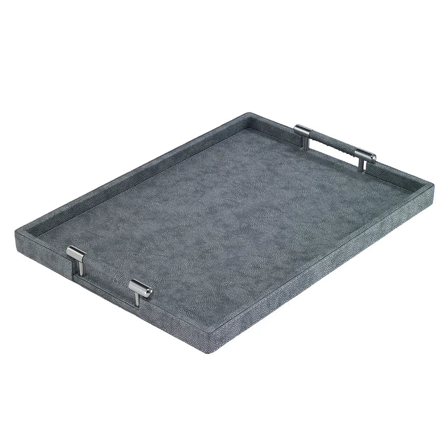 The Bodrum Stingray Handle Tray, a sleek gray bar tray with raised edges and two silver handles, ideal for serving drinks, is shown on a white background.