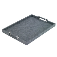The Bodrum Stingray Handle Tray, a sleek gray bar tray with raised edges and two silver handles, ideal for serving drinks, is shown on a white background.